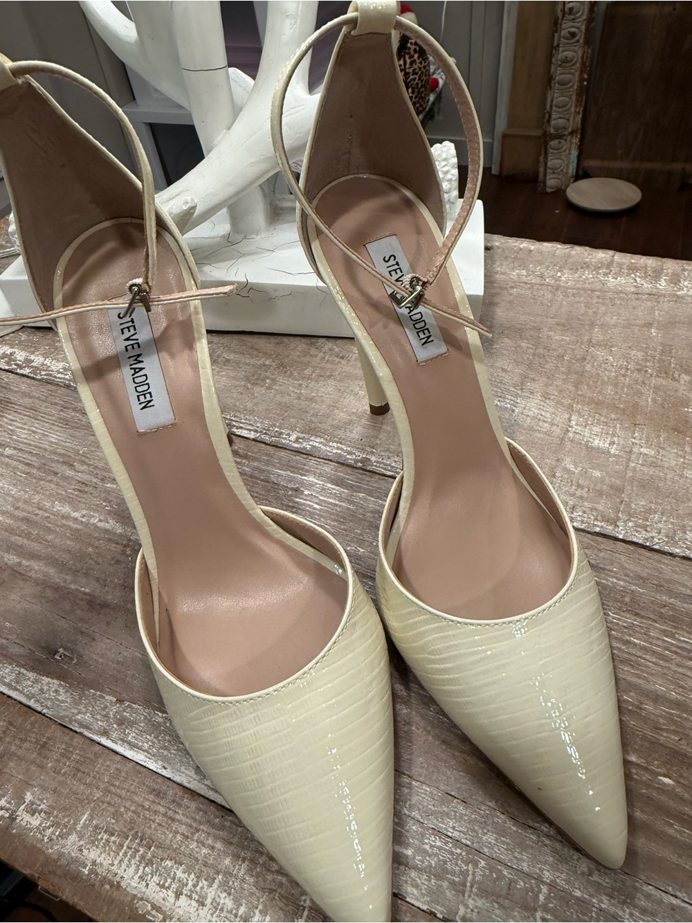 Steve Madden Alisha Cream Pointed Toe Ankle-Strap Heels